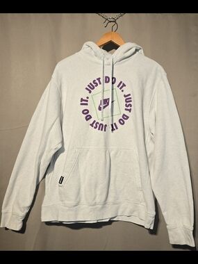 Nike "Just Do It." Logo Hoodie in Light Gray with Purple & Green Print
